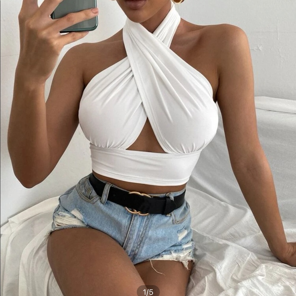 White Cross Crop Halter Top